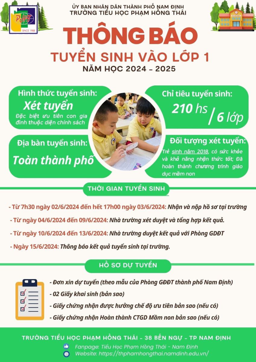 THÔNG BÁO TUYỂN SINH LỚP 1 NĂM HỌC 2024 - 2025 TRƯỜNG TIỂU HỌC PHẠM HỒNG THÁI - NƠI CHẮP CÁNH NHỮNG ƯỚC MƠ VÀ SỰ SÁNG TẠO